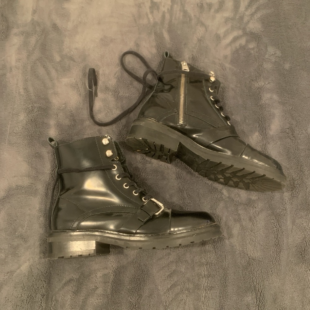 Black Combat Boots with Buckle and Zipper